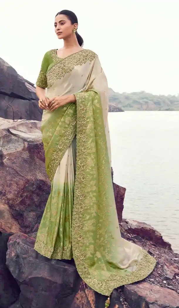 Green Shaded Pure Tissue Embroidery Designer Saree – 214776