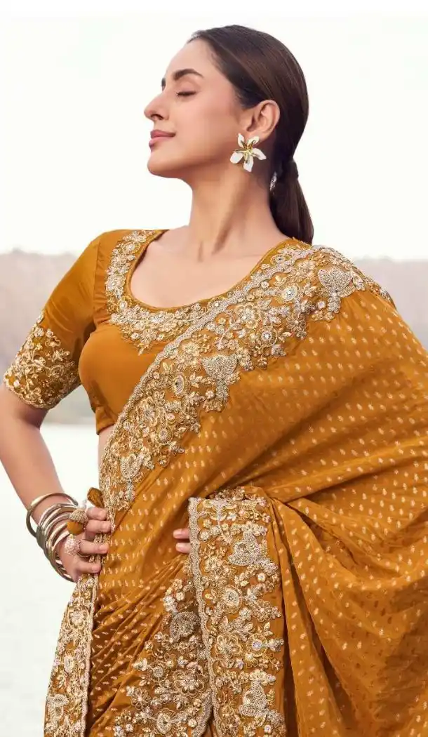 Mustard Pure Tissue Designer Saree with Embroidery Work – 214777