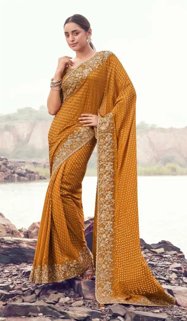 Mustard Pure Tissue Designer Saree with Embroidery Work – 214777