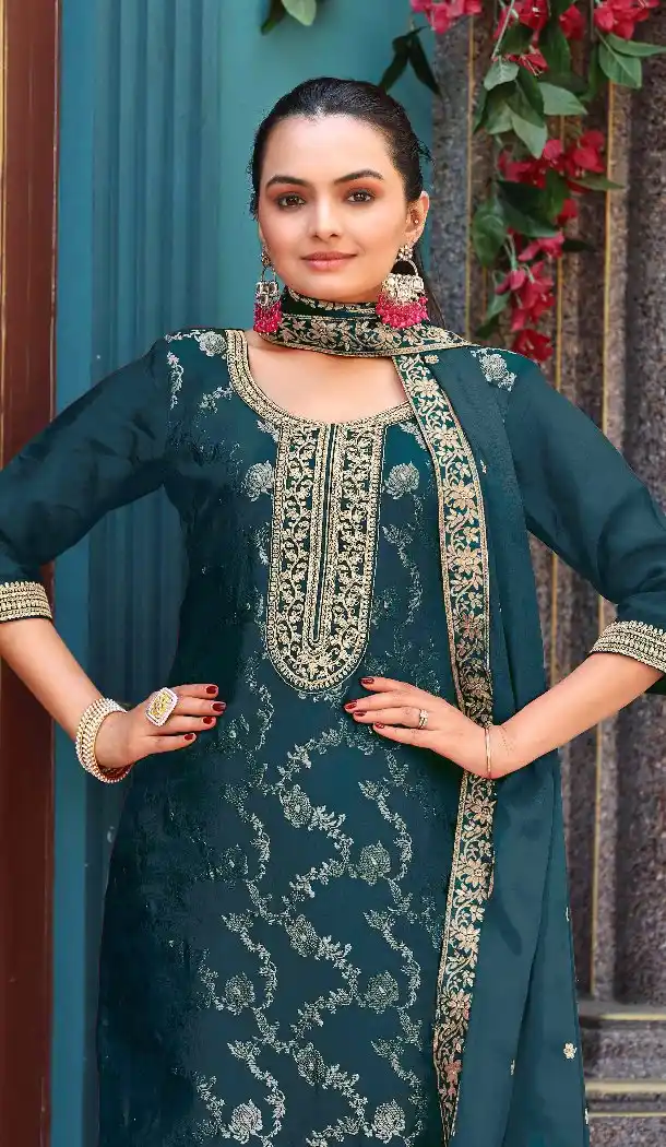 Teal Blue Viscose Jacquard Embroidery Pakistani Suit – 214861