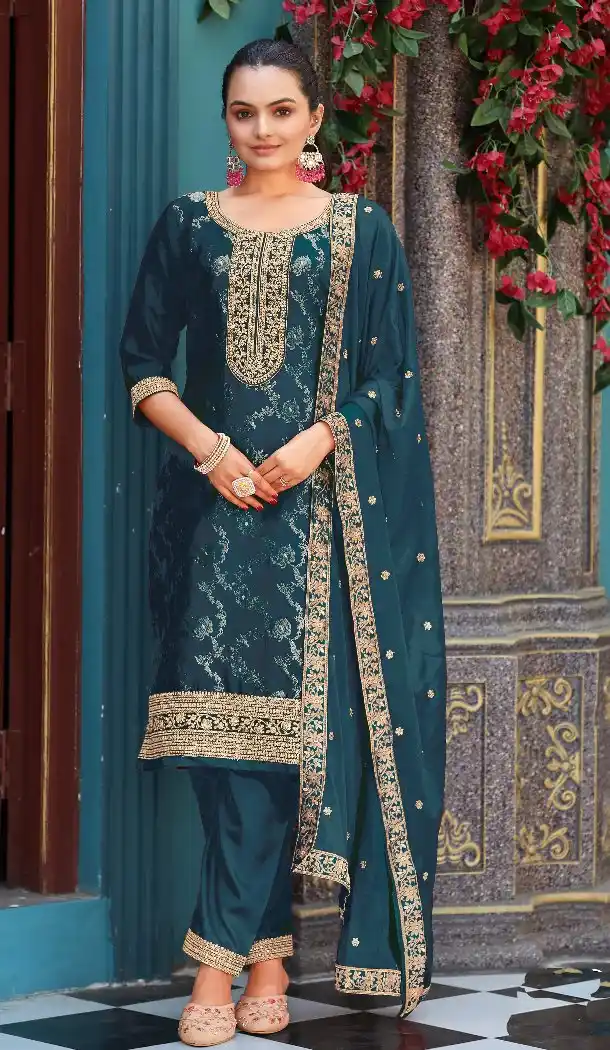 Teal Blue Viscose Jacquard Embroidery Pakistani Suit – 214861