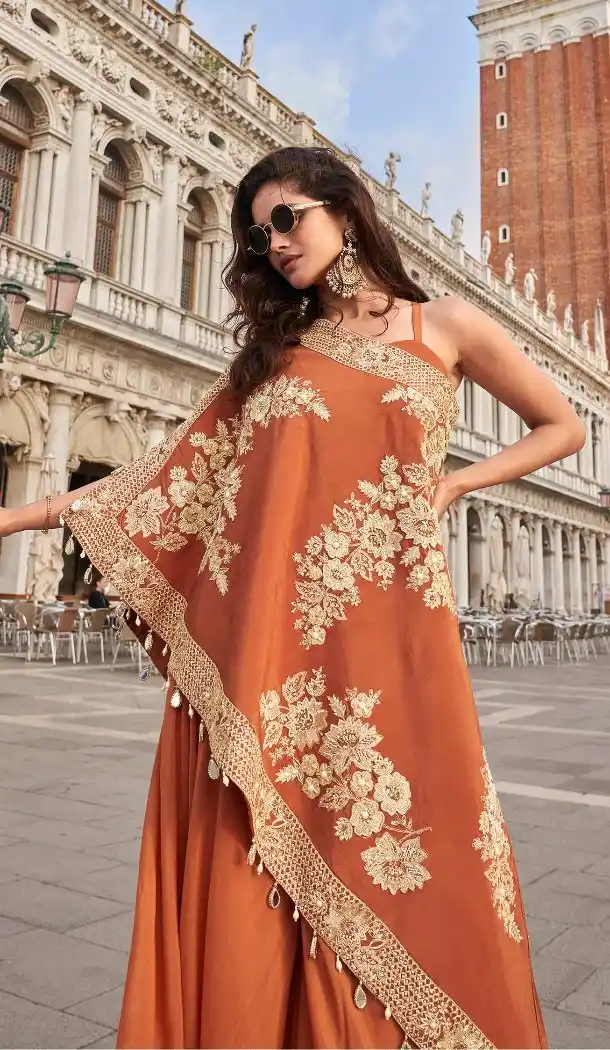 Rust Crepe Beads Work Palazzo Suit – 214928