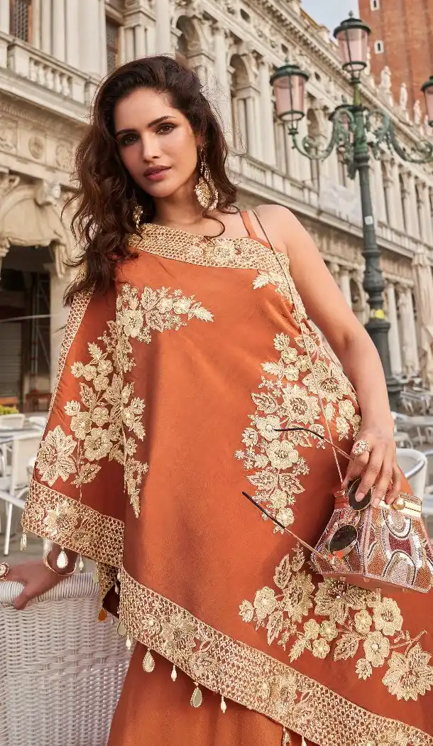 Rust Crepe Beads Work Palazzo Suit – 214928