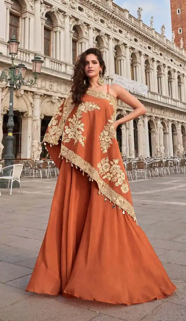 Rust Crepe Beads Work Palazzo Suit – 214928