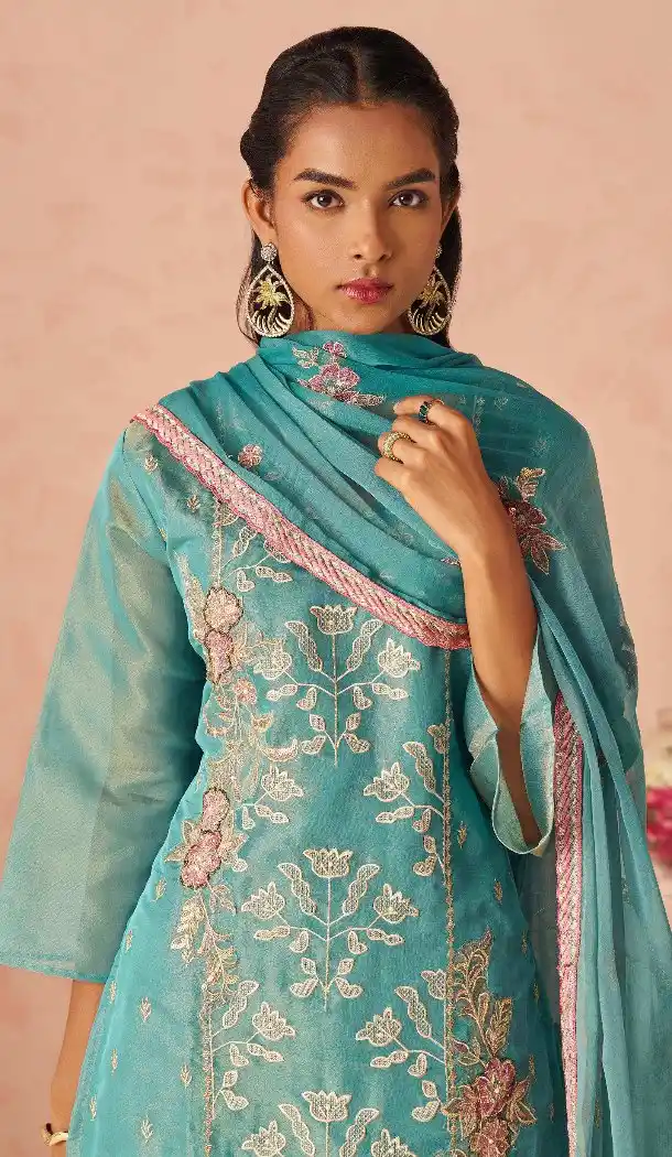 Sky Blue Zari Embroidered Silk Pakistani Suit – 214969