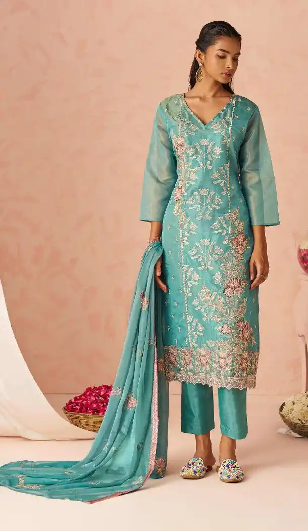 Sky Blue Zari Embroidered Silk Pakistani Suit – 214969