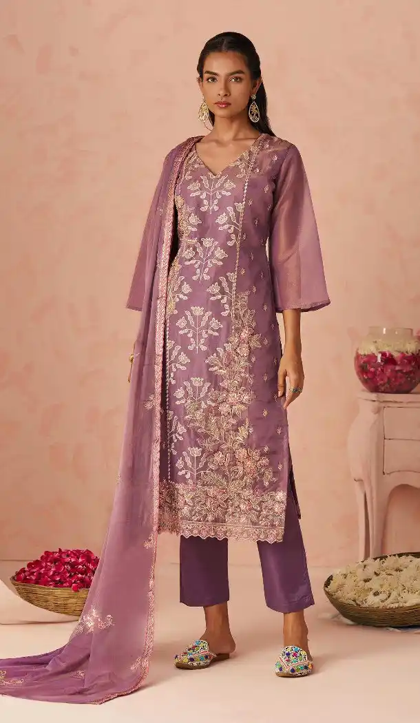 Lavender Silk Pakistani Suit Zari Embroidery – 214971