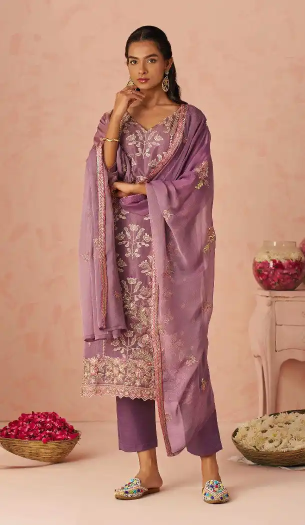 Lavender Silk Pakistani Suit Zari Embroidery – 214971