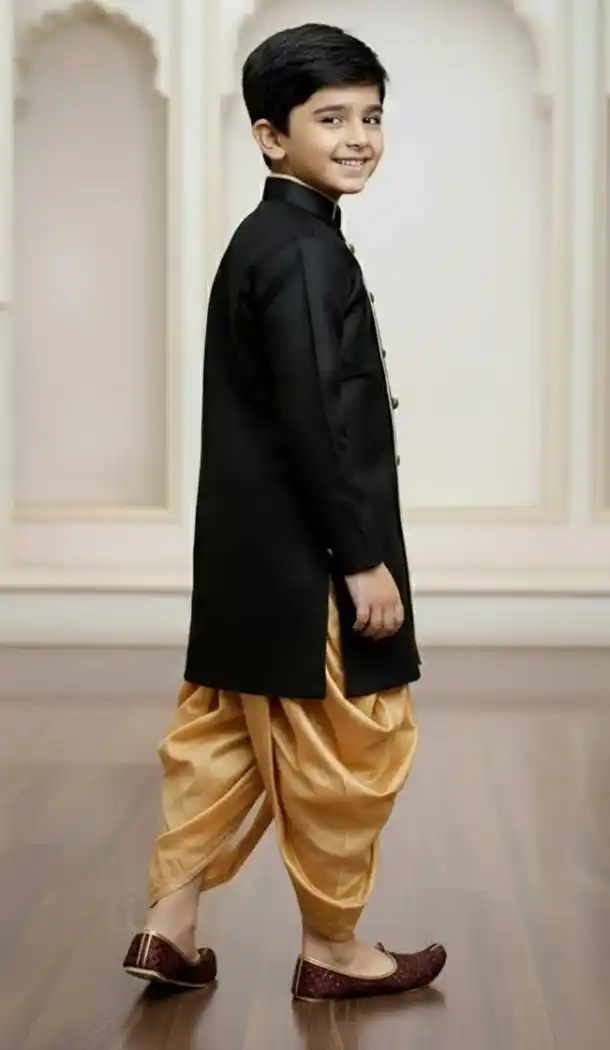 Boys Indo Western Outfit in Black Jute Silk – 215020