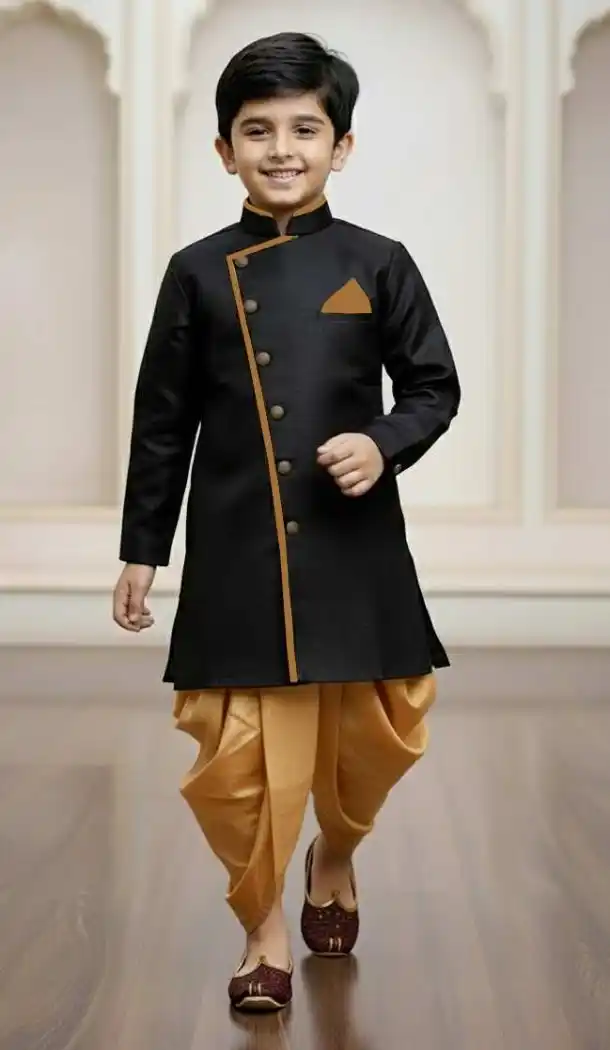 Boys Indo Western Outfit in Black Jute Silk – 215020