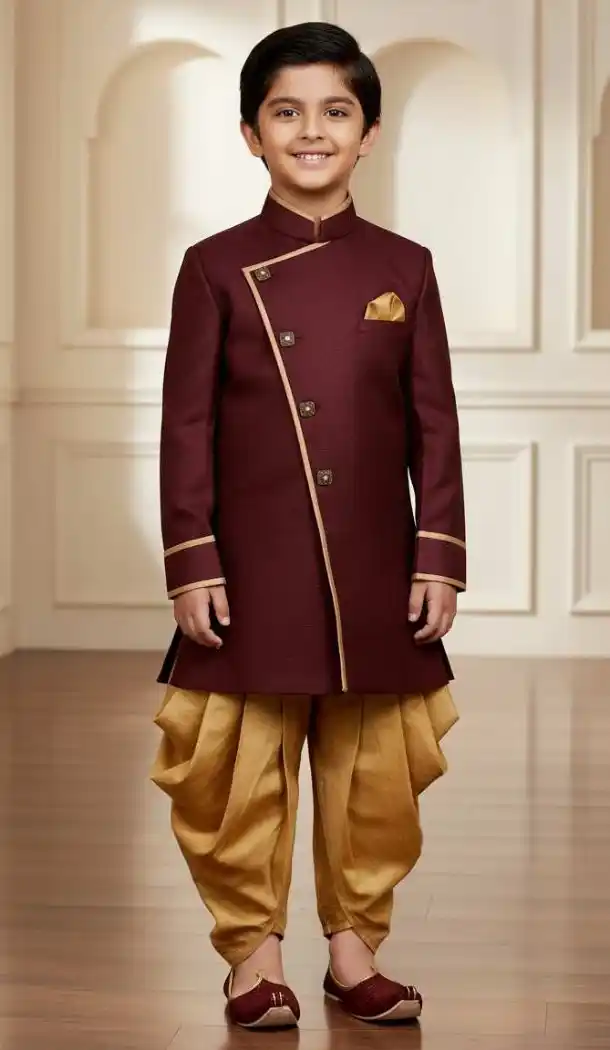 Dark Maroon Jute Silk Indo Western for Boys – 215021