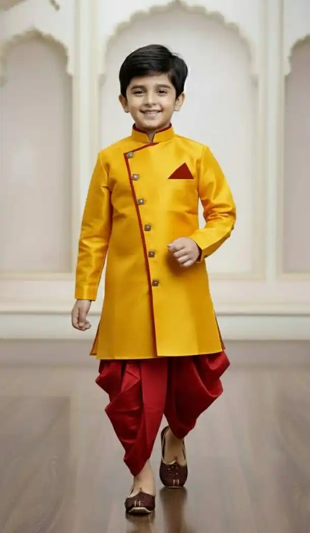 Yellow Jute Silk Indo Western Outfit for Boys – 215023