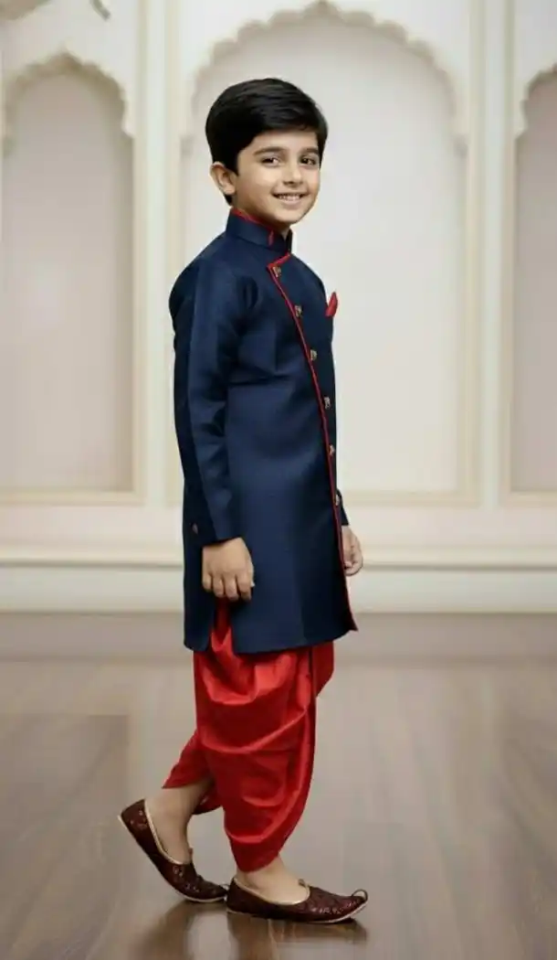 Navy Blue Boys Indo Western in Jute Silk – 215024