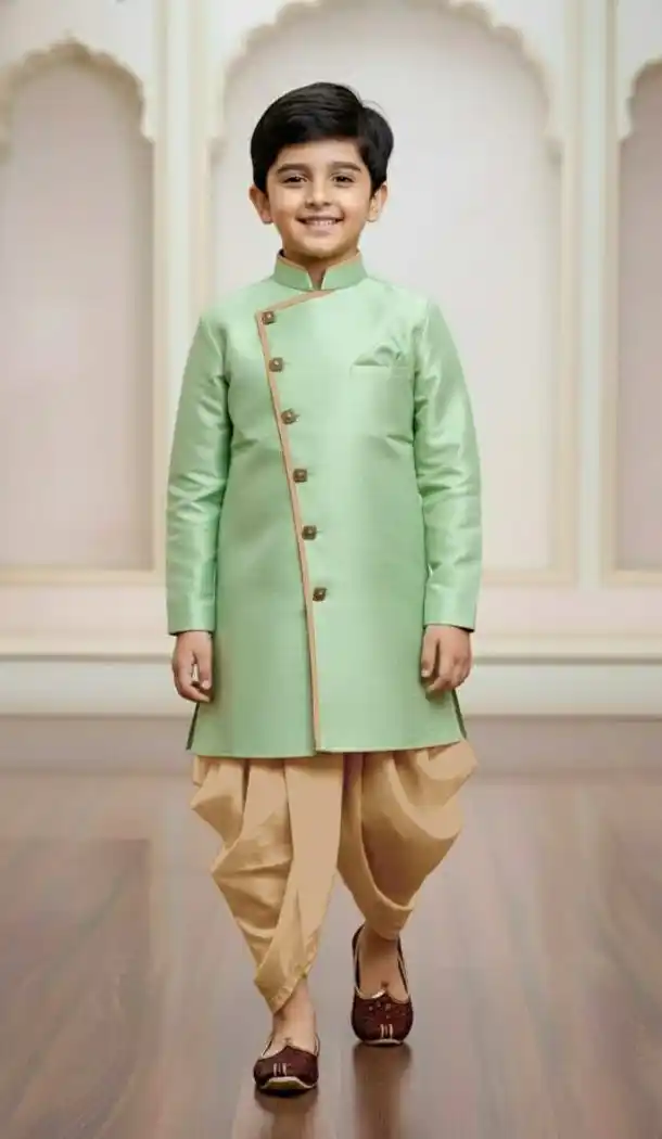 Green Jute Silk Boys Indo Western Outfit – 215026