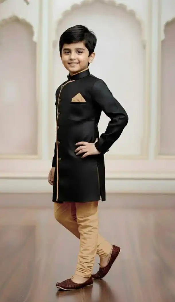 Boys Black Indo Western in Jute Silk – 215027