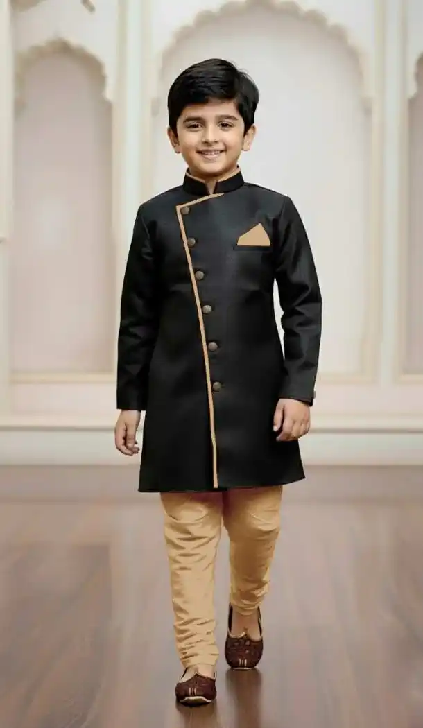 Boys Black Indo Western in Jute Silk – 215027