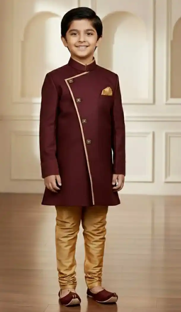 Deep Maroon Jute Silk Boys Indo Western Outfit – 215028