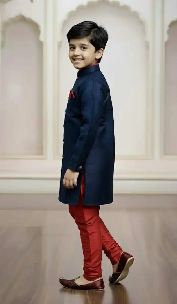 Boys Navy Blue Indo Western Jute Silk Outfit – 215031