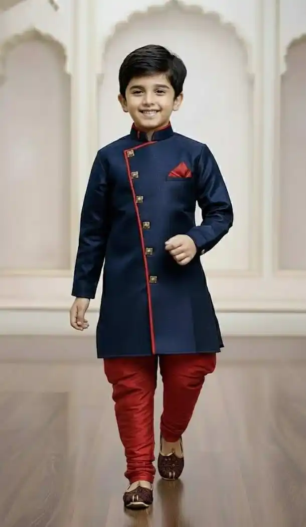 Boys Navy Blue Indo Western Jute Silk Outfit – 215031