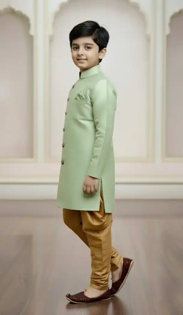 Green Indo Western Dress for Boys in Jute Silk – 215033
