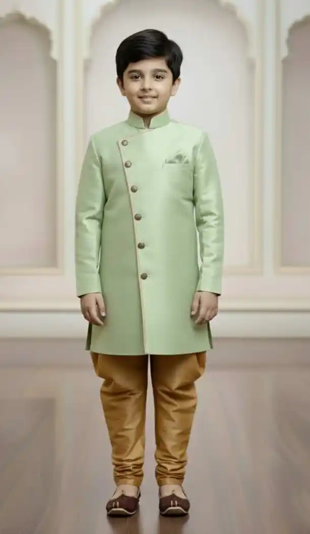 Green Indo Western Dress for Boys in Jute Silk – 215033