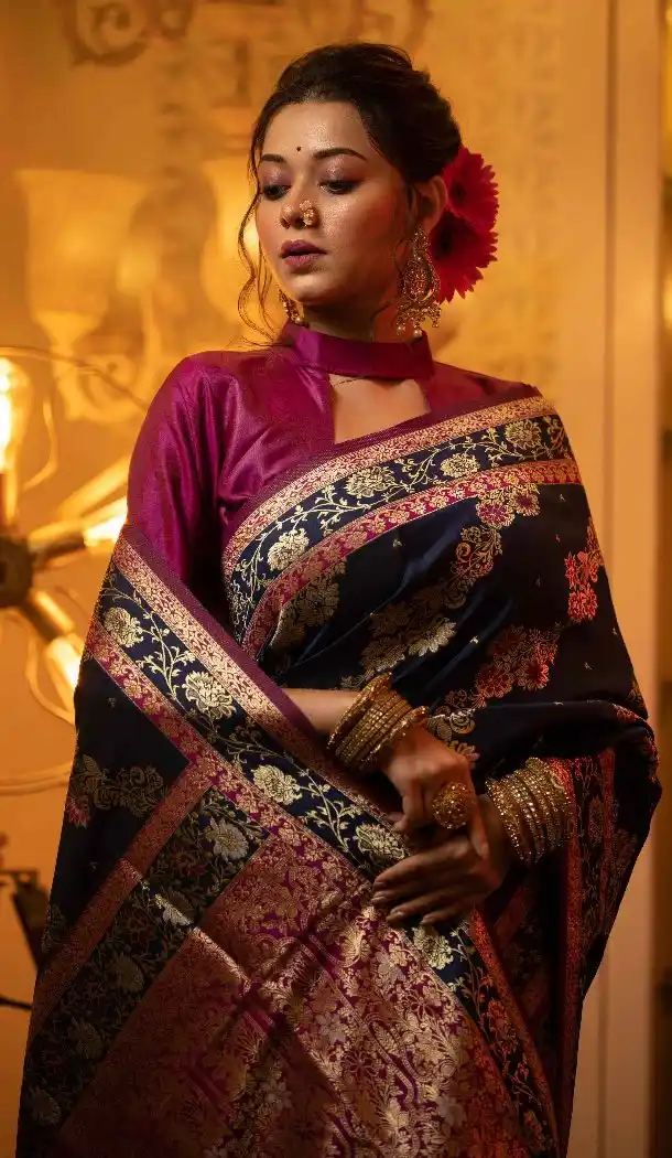 Navy Blue Soft Banarasi Silk Weaving Saree – 215111