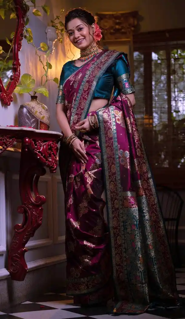 Wine Soft Banarasi Silk Elegant Weaving Saree – 215113