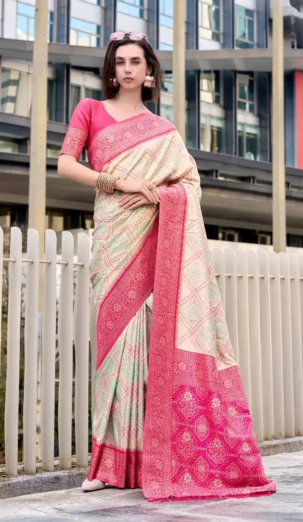 Cream Bandhani Soft Silk Traditional Saree – 215129