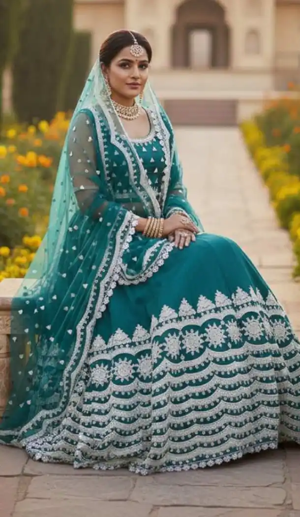 Teal Blue Embroidery Butterfly Net Lehenga Choli – 215234
