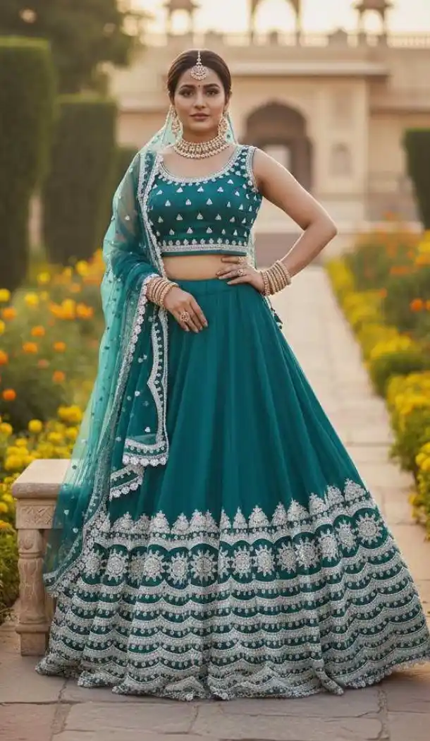Teal Blue Embroidery Butterfly Net Lehenga Choli – 215234