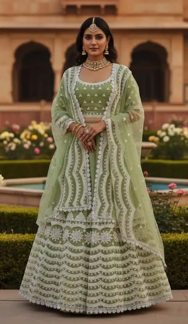 Pista Green Butterfly Net Embroidery Lehenga Choli – 215236
