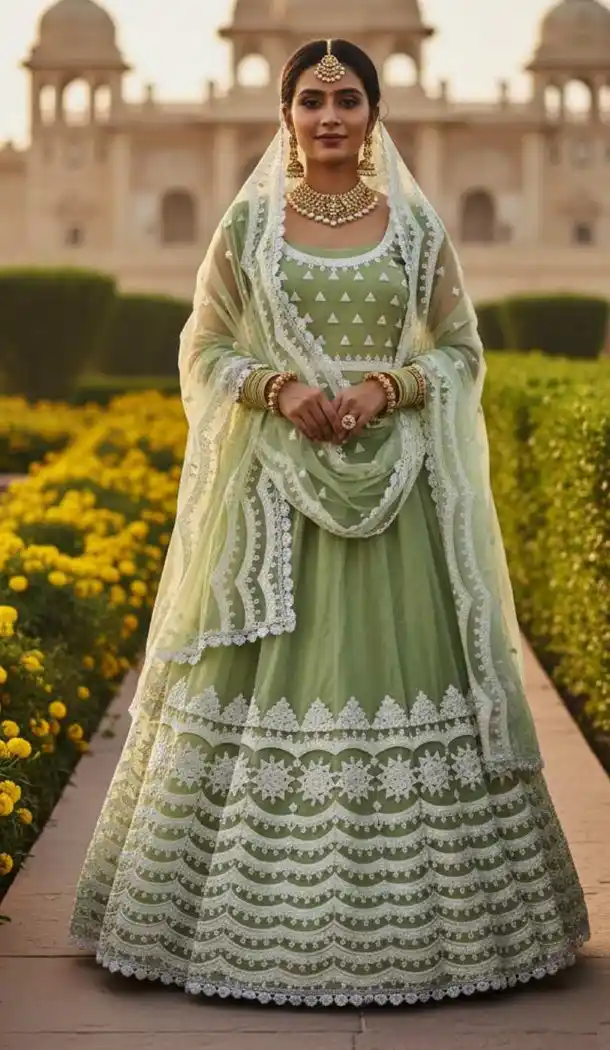 Pista Green Butterfly Net Embroidery Lehenga Choli – 215236