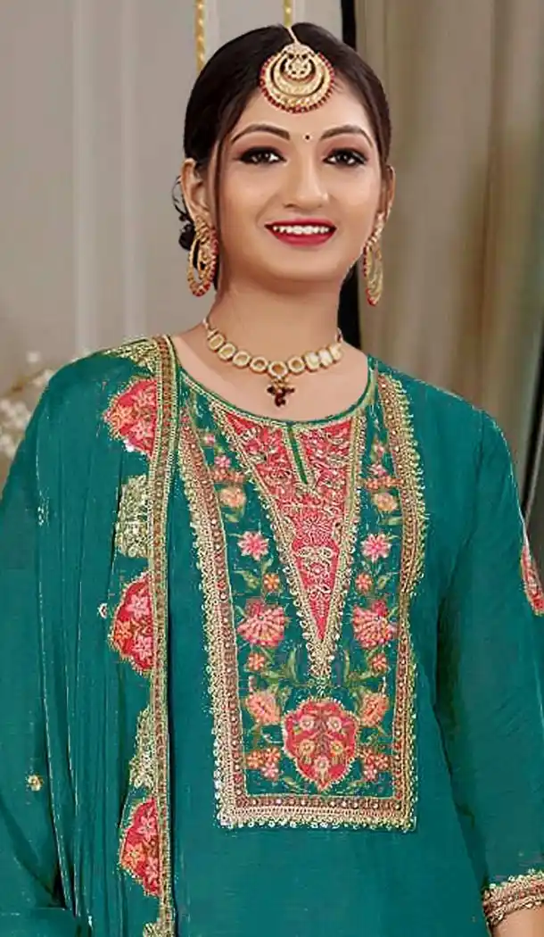 Teal Blue Chinon Zari Embroidered Pakistani Suit – 215266