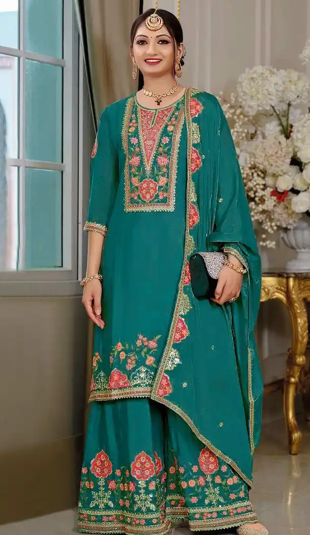 Teal Blue Chinon Zari Embroidered Pakistani Suit – 215266