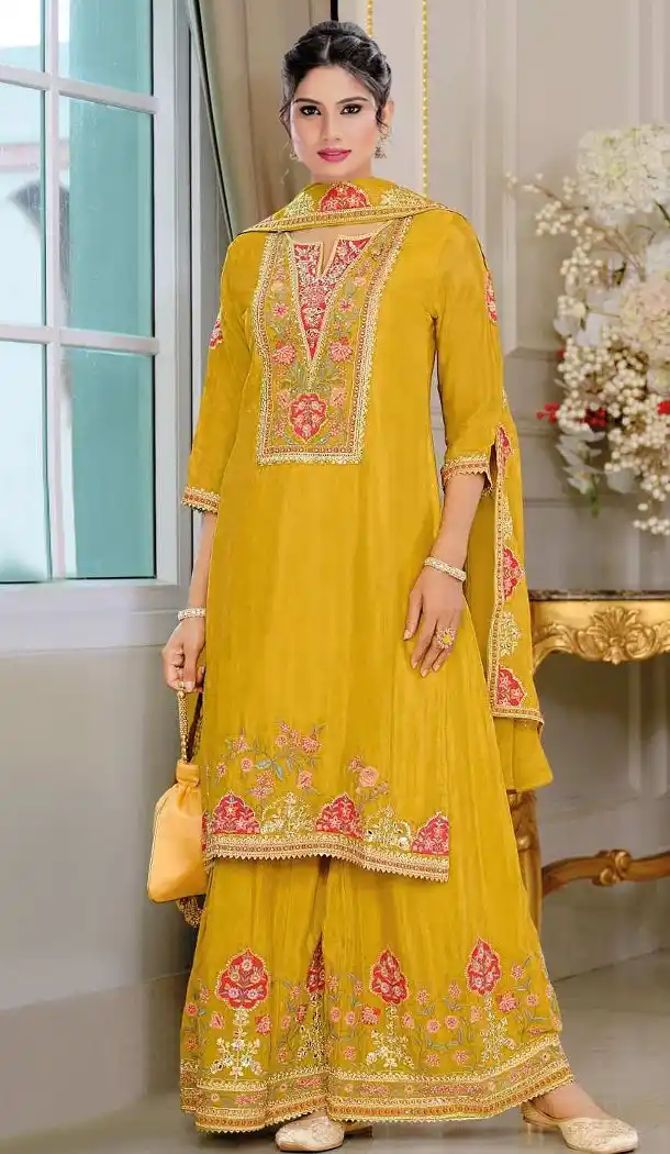 Yellow Chinon Embroidery Zari Pakistani Suit – 215267