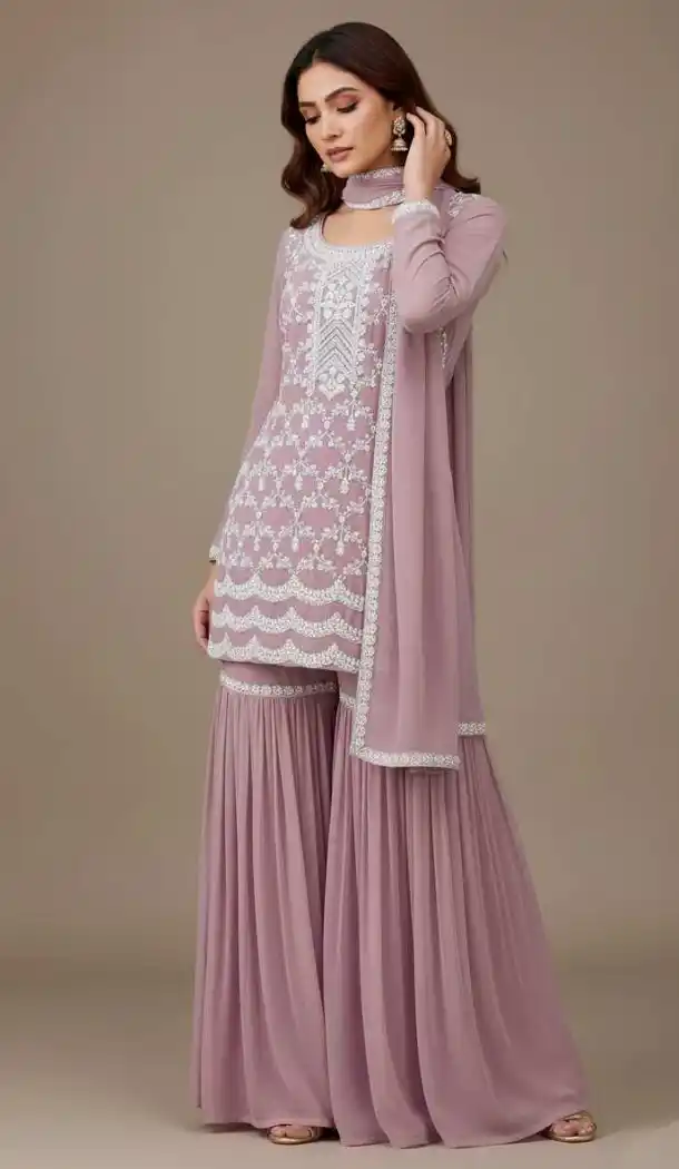 Pink Georgette Embroidery Zari Sharara Suit – 215406
