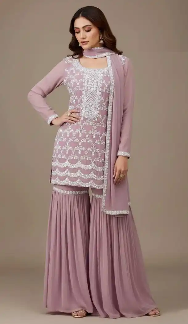 Pink Georgette Embroidery Zari Sharara Suit – 215406
