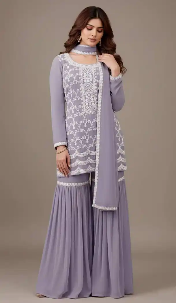 Purple Georgette Zari Embroidery Sharara Suit – 215407