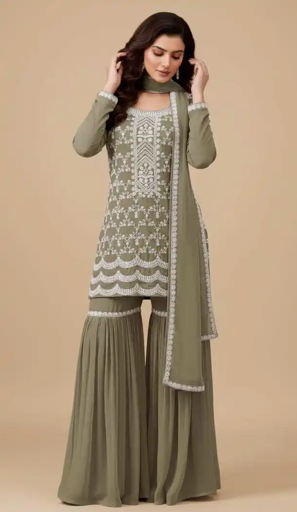 Green Georgette Embroidery Zari Sharara Suit – 215408