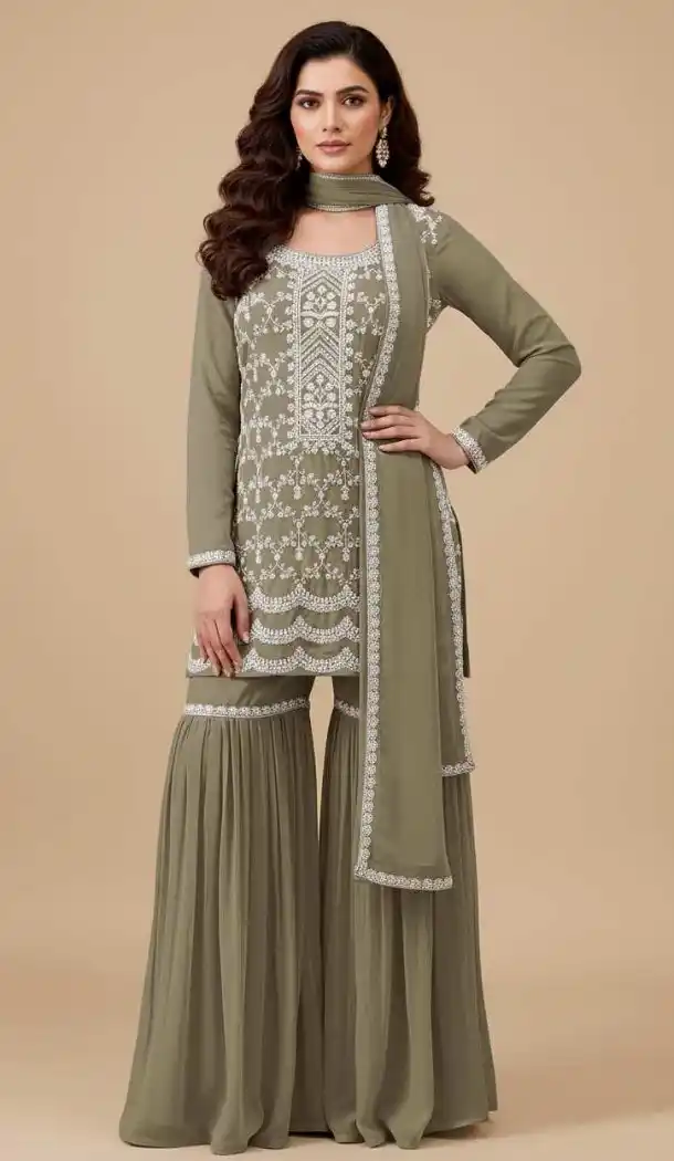 Green Georgette Embroidery Zari Sharara Suit – 215408