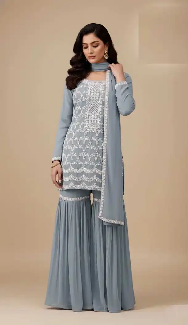 Grey Georgette Zari Work Sharara Suit – 215409