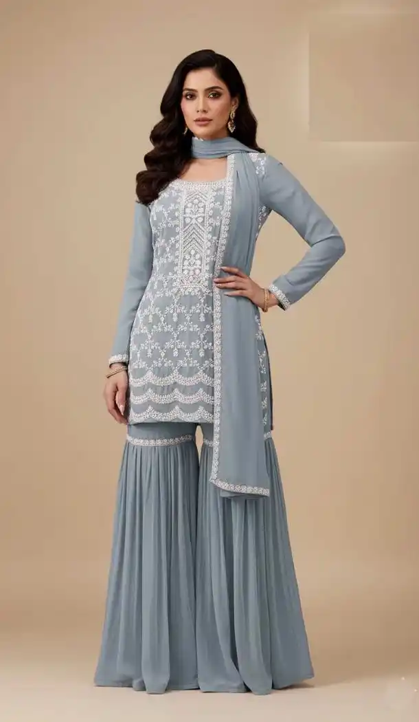Grey Georgette Zari Work Sharara Suit – 215409