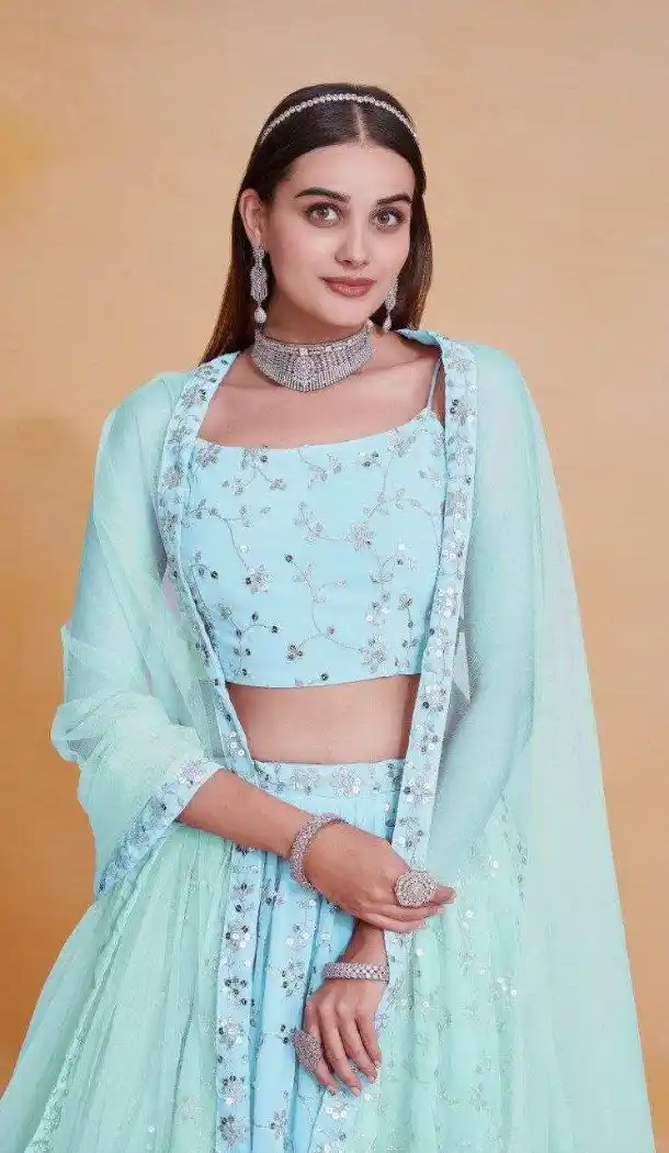 Sky Blue Sequin Zari Lehenga Choli - 215454