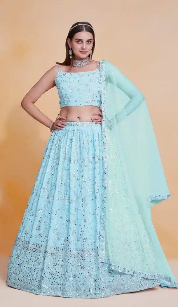 Sky Blue Sequin Zari Lehenga Choli - 215454