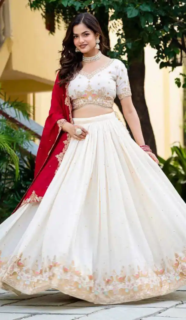 Off White Vichitra Embroidery Lehenga Choli - 215510