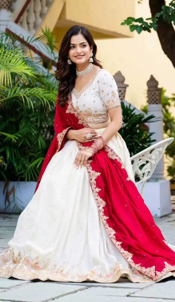 Off White Vichitra Embroidery Lehenga Choli - 215510