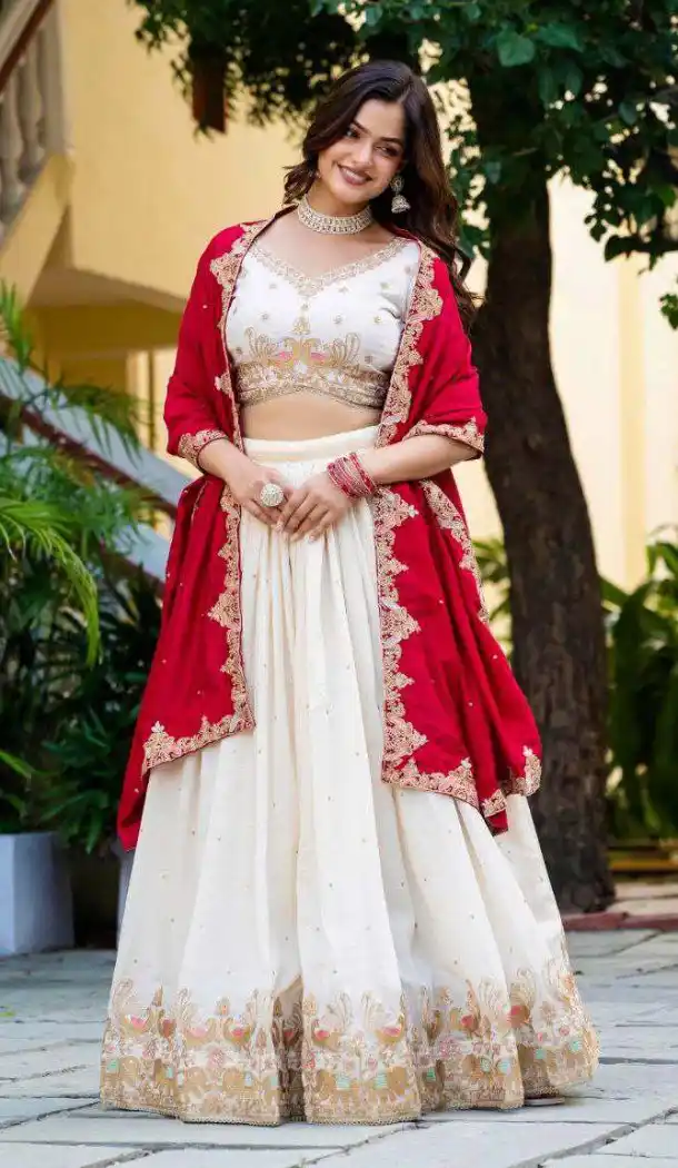 Off White Vichitra Embroidery Lehenga Choli - 215510