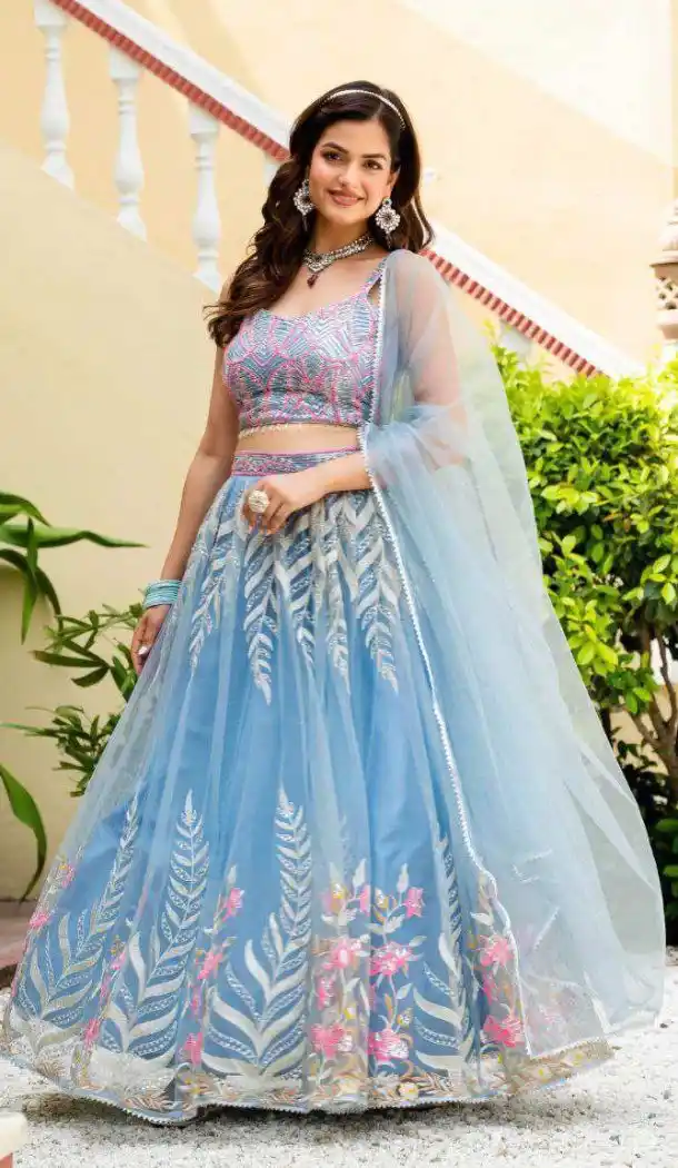 Sky Blue Net Zari Lehenga Choli - 215510