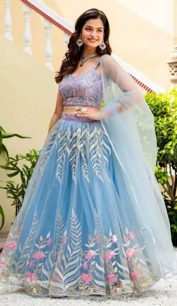Sky Blue Net Zari Lehenga Choli - 215510