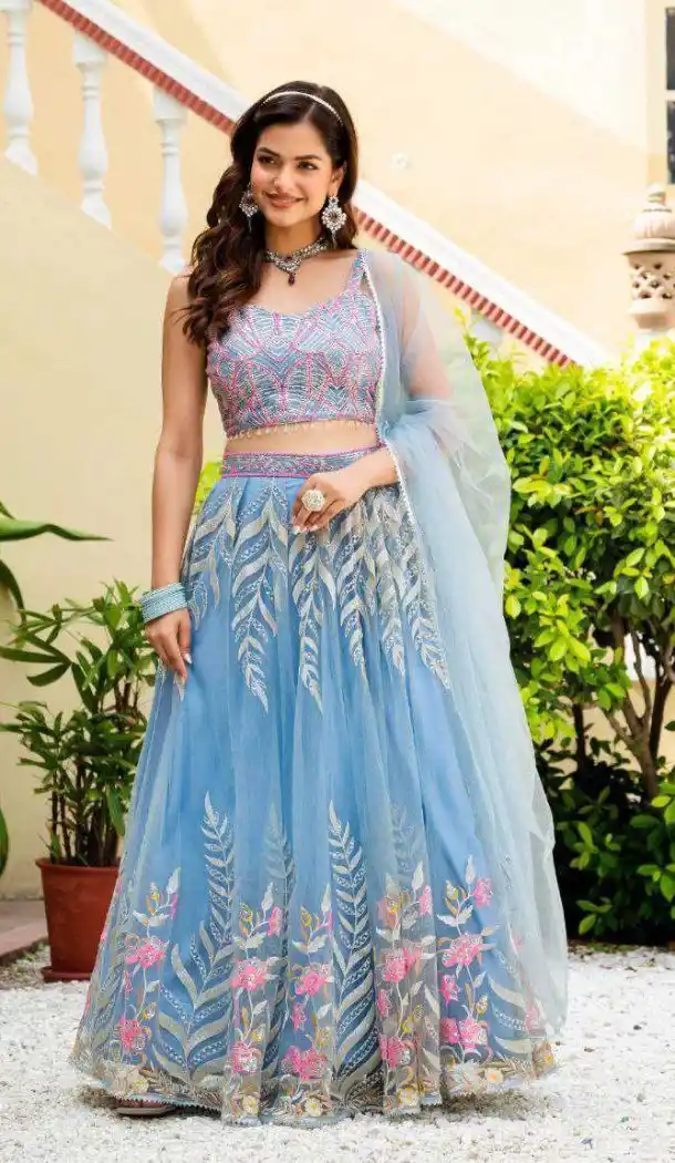 Sky Blue Net Zari Lehenga Choli - 215510